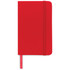 A red pocket notebook with an elastic band closure and ribbon bookmark, featuring a logo.