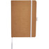 A brown journal with an embossed design, featuring a white elastic band and ribbon bookmark. Includes a logo.