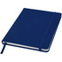 A navy blue hard cover notebook with an elastic band closure and a ribbon bookmark, featuring a logo.