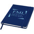 A navy blue hard cover notebook with an elastic band and a ribbon bookmark, featuring a logo on the cover.