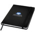 A black A5 hard cover notebook featuring an elastic closure and a logo on the front.