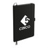 A black notebook with a logo on the cover, featuring an elastic band and a pen loop.