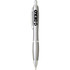 A silver plastic pen with a clip and a branding logo on the side.