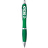 A green plastic pen with a silver clip and a branding logo on the side.