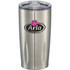 A drink bottle featuring a stainless steel finish, a clear lid, and a prominent logo.