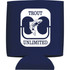 A collapsible can insulator in navy blue, featuring a logo design with a fish and text.