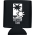 A black collapsible can insulator with a logo featuring a sun and palm tree design.
