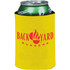 A drink can insulator in bright yellow, featuring a logo and designed for 350ml cans.