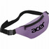 A purple fanny pack with a black logo, featuring a zippered compartment and an adjustable strap.