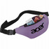 A purple hipster budget fanny pack with a zippered pocket containing a phone and snack bars. It features a logo.