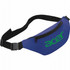 A blue fanny pack with a black strap, featuring a logo on the front and a zippered pocket.