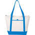 A white cooler bag with blue straps and a front pocket. It includes a logo on one side.