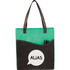 A green and black non-woven tote bag with a pocket and a logo. Features sturdy handles for carrying.