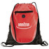 A red and black drawstring sportspack with a zippered front pocket and a logo.