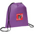 A purple non-woven drawstring sportpack with a logo on the front and black drawstrings.