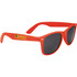 Red sunglasses with black lenses and a logo on the arm, designed for leisure and outdoor use.