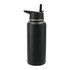 A drink bottle in matte black, featuring a flip-top lid and a straw, with a logo on its surface.
