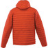 A puffer jacket in bright orange with a hood, featuring a quilted design and a logo on the back.