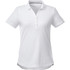 A white women's polo shirt with a collar, buttons, and a subtle logo. Suitable for casual or smart-casual settings.
