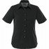 A black short sleeve button-up shirt for women, featuring a collared neckline and a logo on the label.