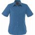 A blue short sleeve button-up shirt for women, featuring a collar and a logo.