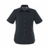 A dark grey women's button-up shirt with short sleeves and a collar, featuring a logo.
