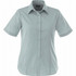 A light green women's short sleeve button-up shirt with a classic collar and a logo on the chest.