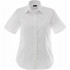A women's short sleeve button-up shirt in white, featuring a classic collar and a logo.