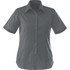 A short sleeve women's button-up shirt in a dark grey colour, featuring a collar and front buttons. It has a logo.