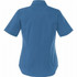 A women's short sleeve button-up shirt in a vibrant blue colour, featuring a back view and a collar.