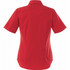 A red women's short sleeve button-up shirt with a back collar and a logo.