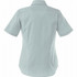 A women's short sleeve button-up shirt in a light green shade, featuring a back yoke and collar.