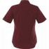 A maroon short sleeve button-up shirt with a collar and a single branding logo on the back.