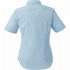 A light blue women's short sleeve button-up shirt with a back view, featuring a subtle logo.