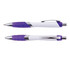 A purple and white plastic pen with a glossy finish and a clip. It has a textured grip for comfort.