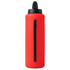 A drink bottle in bright red with a black lid and a zippered section. Features a logo on the side.