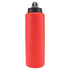 A drink bottle in vibrant red with a black lid and a textured surface featuring branding.
