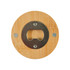 A circular bamboo bottle opener coaster with a silver metal opener in the centre and two screws.