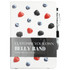 A white bound journal with mixed berry illustrations on the cover, featuring a pen and a branding logo.