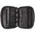 A grey recycled organiser pouch with multiple compartments and a mesh pocket, featuring a branding logo.