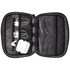 A grey organiser pouch containing charging cables and earbuds, featuring a logo on the exterior.