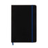 A Venture A5 Notebook featuring a sleek black cover and a blue elastic band closure.