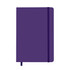 A purple A5 notebook with a ribbon bookmark and an elastic band closure. It features a logo on the cover.