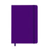 A purple A5 notebook with a matching elastic band and a ribbon bookmark, featuring a logo on the cover.