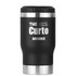 A drink bottle in matte black with a silver base, featuring a logo and smooth design. Ideal for beverages on the go.
