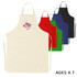 A collection of junior cotton aprons in cream, red, green, blue, and black, featuring a logo on the front.