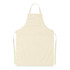 A light cream cotton apron with ties and a front pocket, featuring a logo on the front.