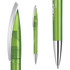 A green transparent plastic pen with a silver clip and tip, featuring a logo.