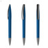 A blue plastic pen with a silver clip and tip, displayed from multiple angles. Features a logo on the barrel.