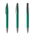 A green plastic pen with a silver clip, displayed from three angles. Features a sleek design.